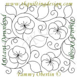 This is a digitized quilting design. It is an edge to edge or allover pattern, designed to be stitched in continuous rows across the quilt.  Designed size:18Wx17.18H but it can be re-sized.  The Pansy E2E pattern does have retraced areas in stems and curlicues.