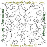 This is a digitized quilting design. It is an edge to edge or allover pattern, designed to be stitched in continuous rows across the quilt.  Designed size:18Wx17.18H but it can be re-sized.  The Holly E2E pattern does have retraced areas in stems and curlicues.